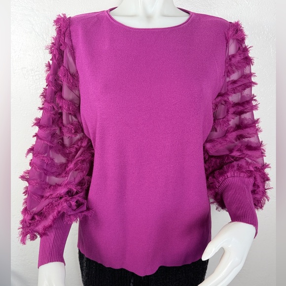 Sioni Sweaters - Sioni Fuchsia Fringe Trim Bishop Sleeve Sweater Size L